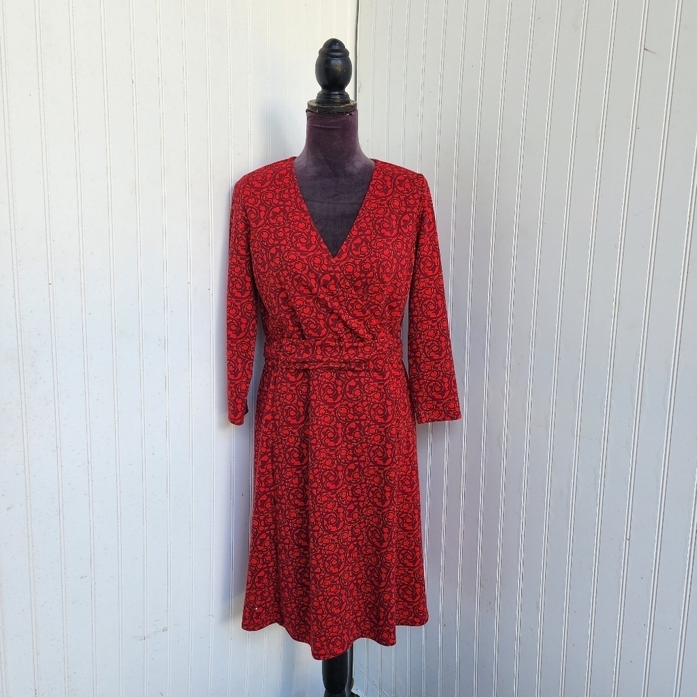 LANDS' END Dress Red Burgundy Faux Wrap 3/4 Sleeve Stretch Jersey V-Neck S 6-8